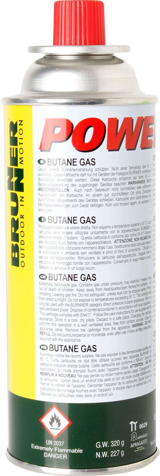 Powergaz 227g- Schraub-Ventilkartusche mit Propan/Butan Gasgemisch.  Kompatibel mit verschiedenen Marken von Brennern