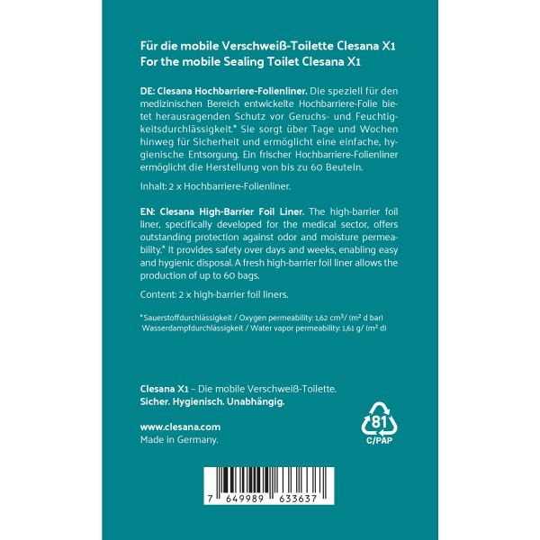 Toilettenbeutel mit Barrierefolie, Folienliner für Clesana X1